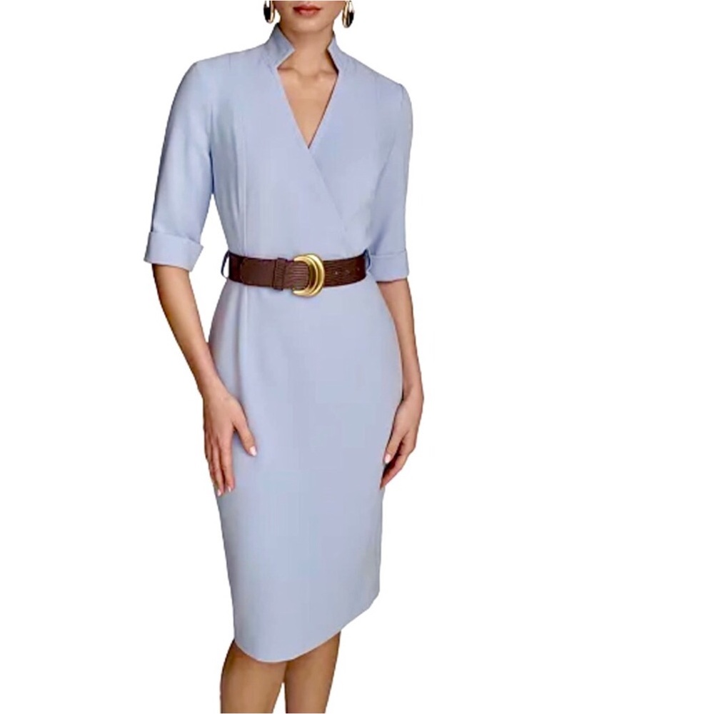 Donna Karan New York Blue Crepe Belted Three Quarter Sleeve V Neck Dress Size 10 - Picture 6 of 10